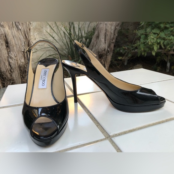 Jimmy Choo Size 39.5 9.5 Black Patent Leather Peep Toe Sling Back Heel Pumps - Picture 2 of 9